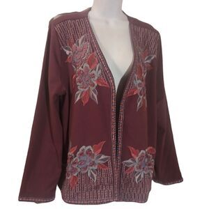 Soft Surroundings Playa embroidered open front jacket dark berry L